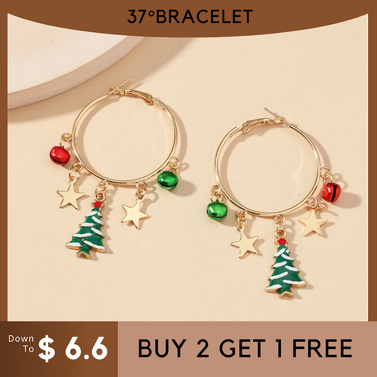 Christmas Tree and Star and Bell Circle Pendent Earrings