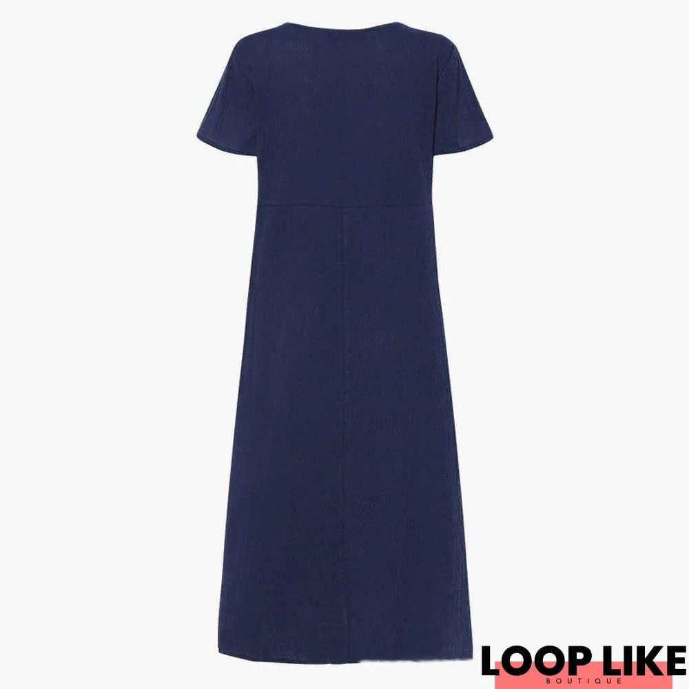 Loose solid color plus size cotton and linen dress