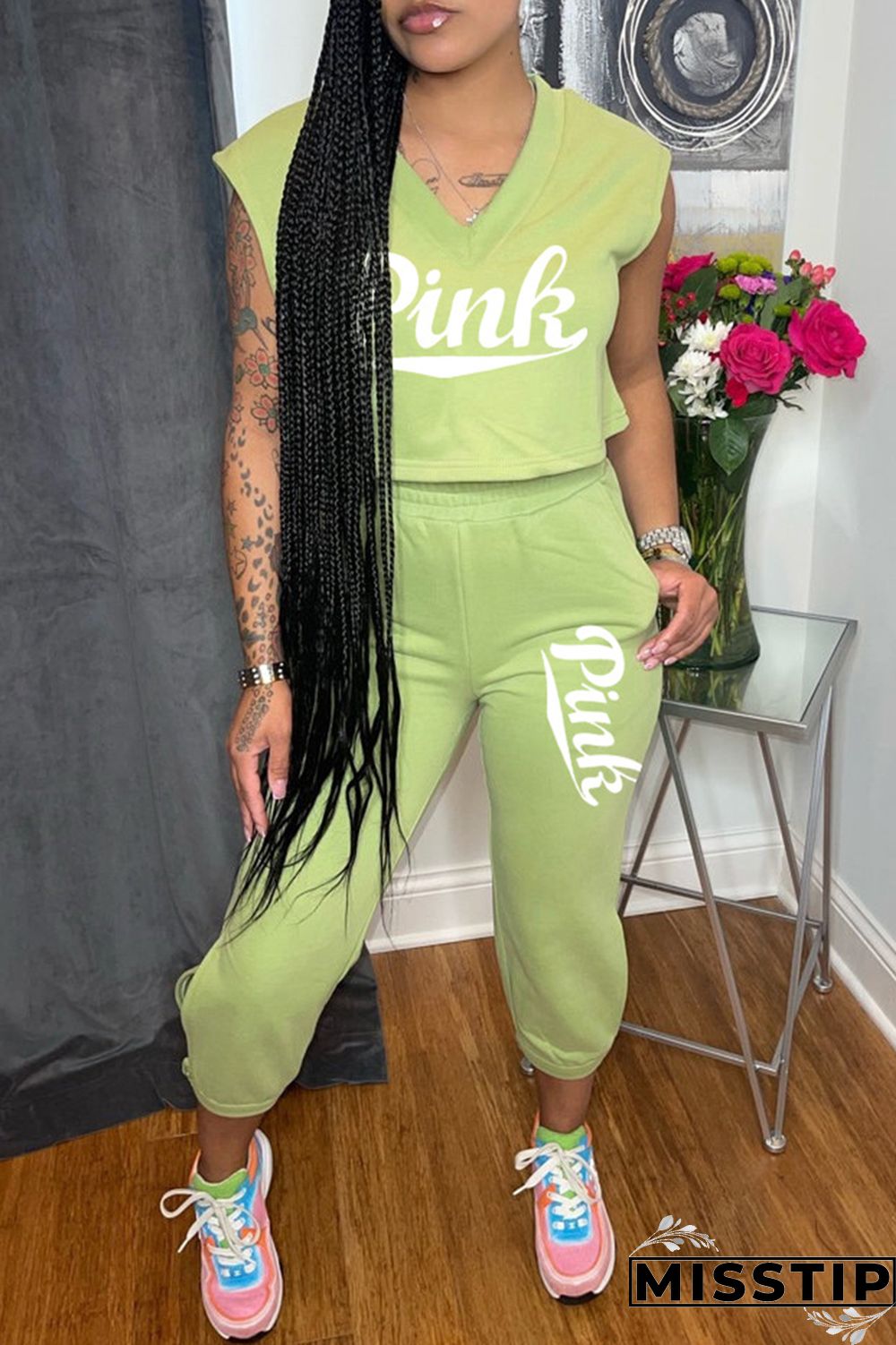 Grey Fashion Casual Letter Print Basic V Neck Sleeveless Two Pieces