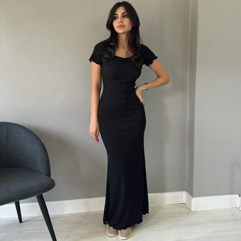 Uveng Uveng Summer New Women's Solid Color Temperament U Collar Short Sleeve Slim Long Dress Female