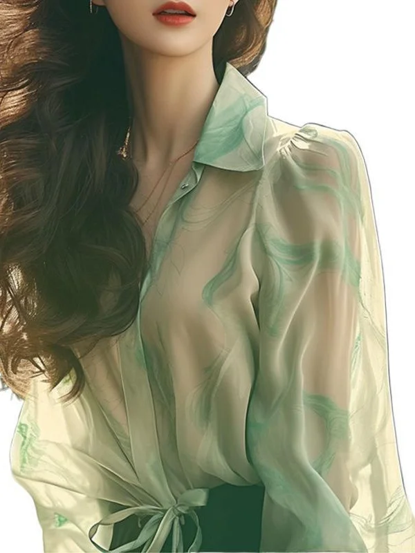 Athvotar Athvotar Elegant Exquisite Beauty Green Collar Long-Sleeved Shirt Women Spring And Autumn Yangqi Small Sun Protection Shirt