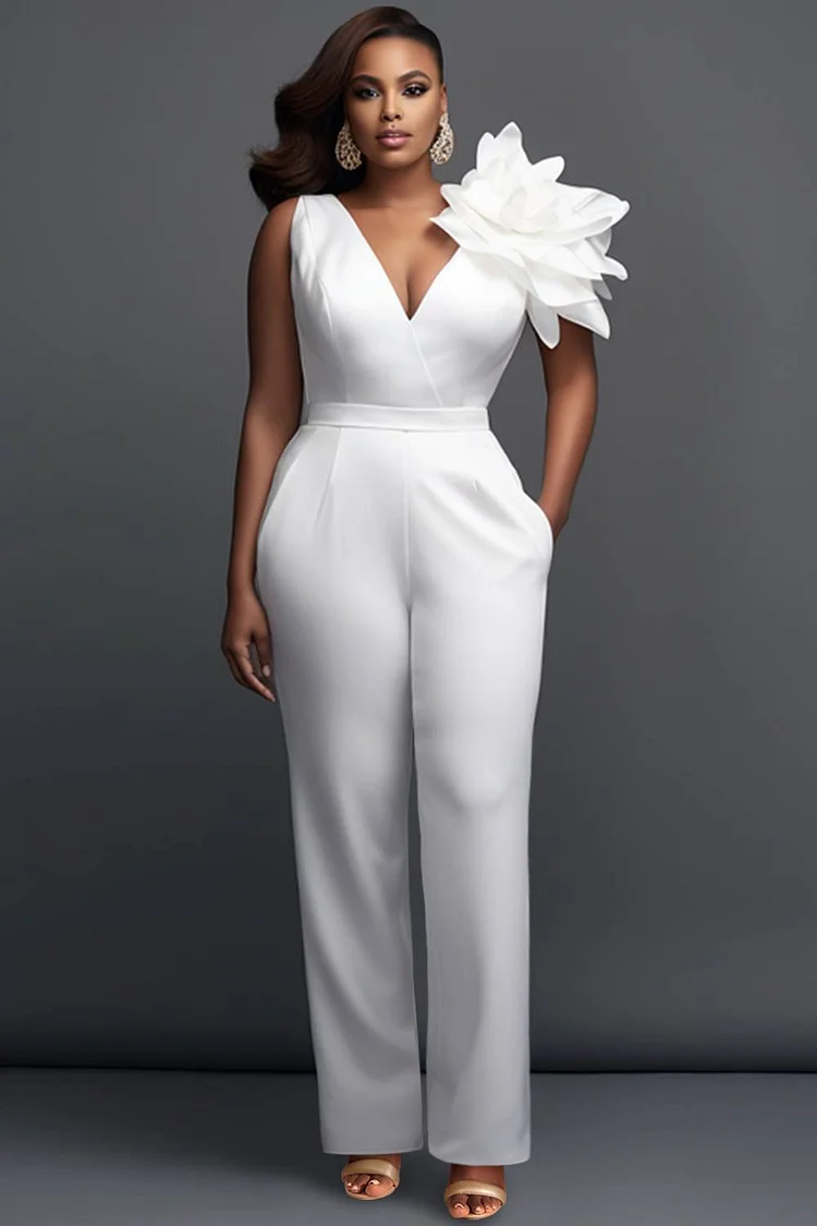 Xpluswear Design Plus Size Wedding White Elegant V Neck 3D Pocket Jumpsuits [Pre-Order] 2024 - Xpluswear