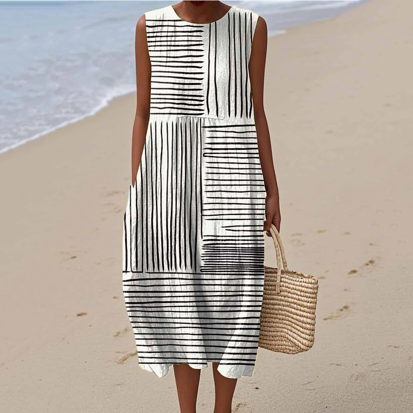 Comstylish Women's Stripe Art Linen Tank Midi Dress