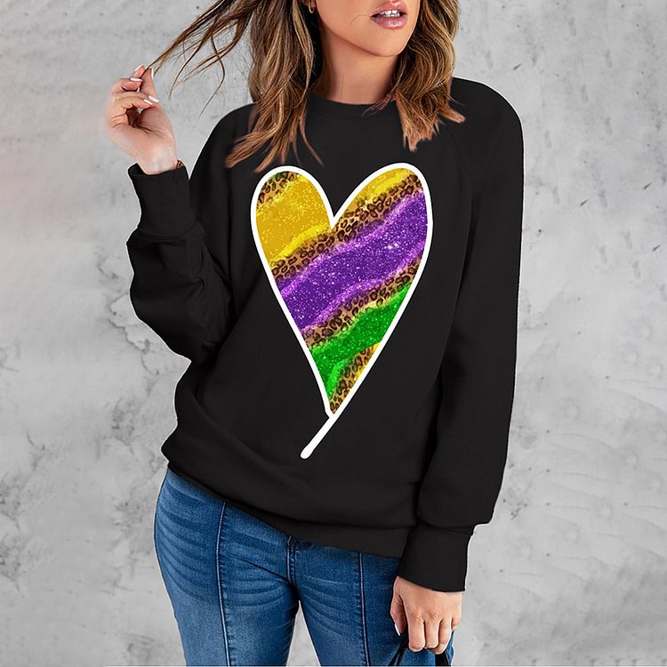 Mardi Gras Shiny Heart-Shape Graphic Sweatshirt