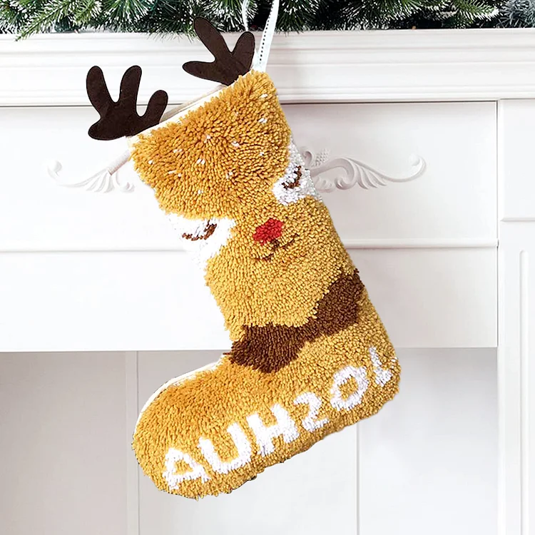 Cute Dark Yellow Deer Christmas Stocking DIY Latch Hook Kits for Beginners Ventyled