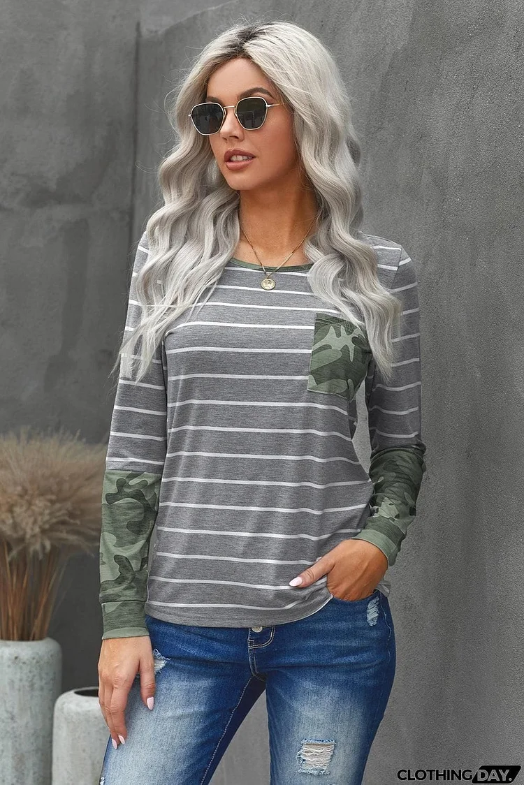 Camouflage Striped Round Neck Top