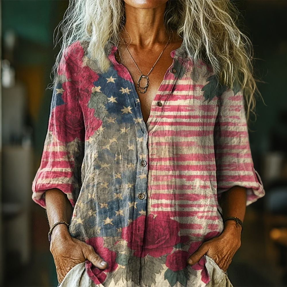  Women's Vintage Flag Floral Art Print Casual Cotton Linen Shirt Westsshops