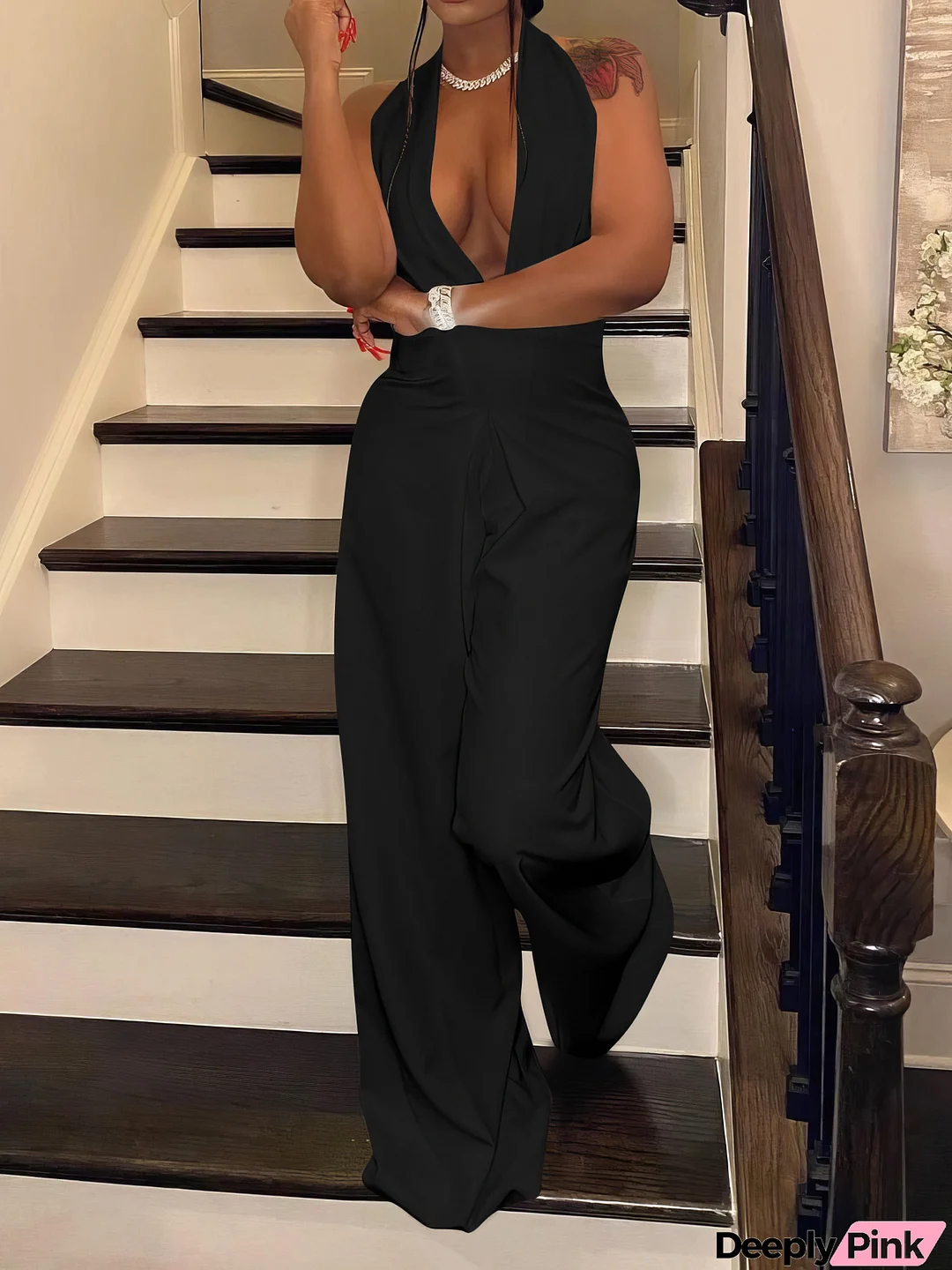 Deep V-Neck Halter Bare Back Jumpsuit