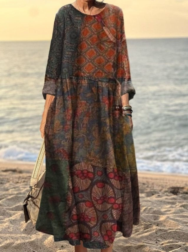Women's Vintage Patchwork Art Print Pocket Cotton Dress