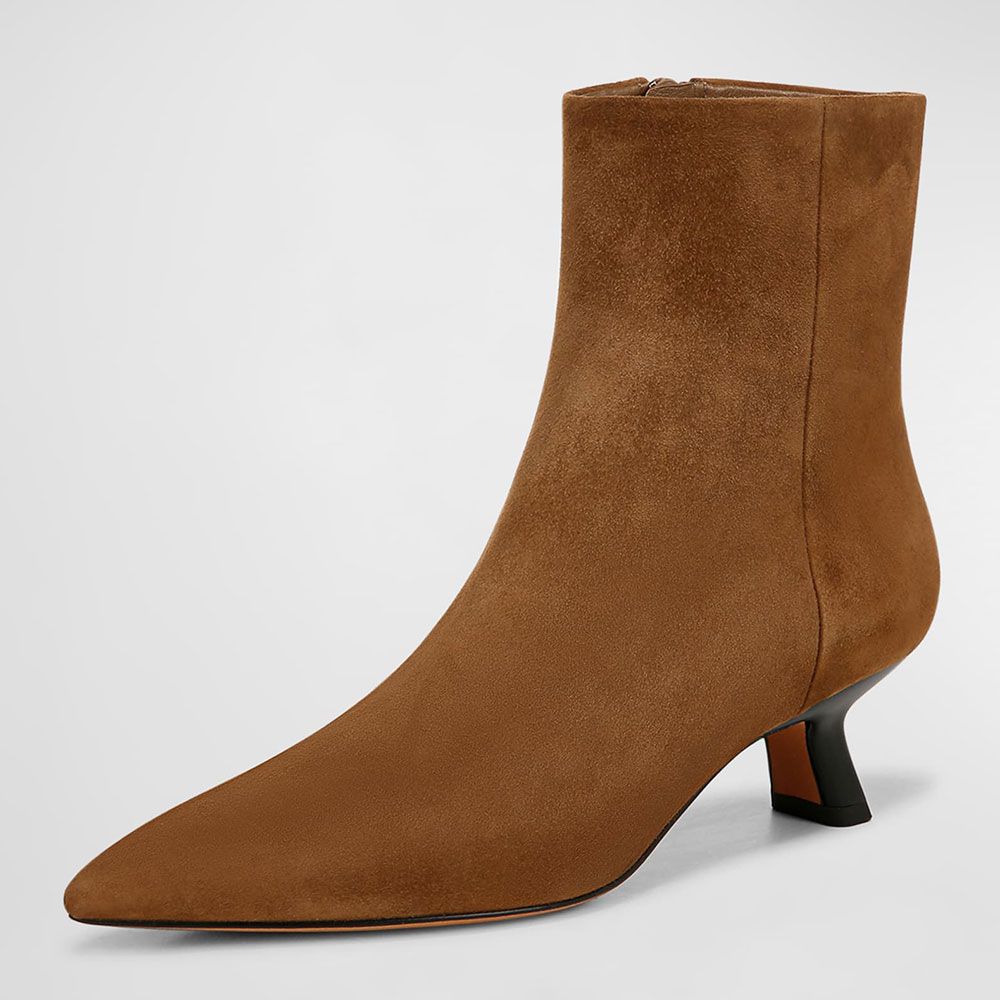 Brown Pointed Toe Kitten Heel Booties for Women with Side Zipper Nicepairs