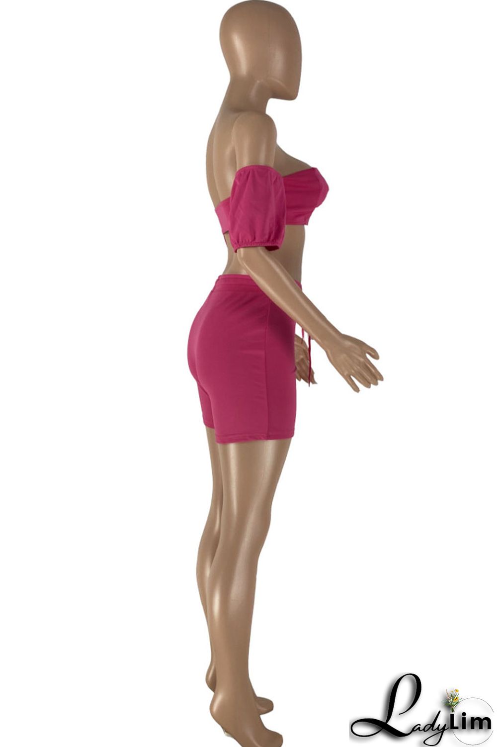 Rose Red Sexy Casual Solid Backless Off the Shoulder Short Sleeve Two Pieces