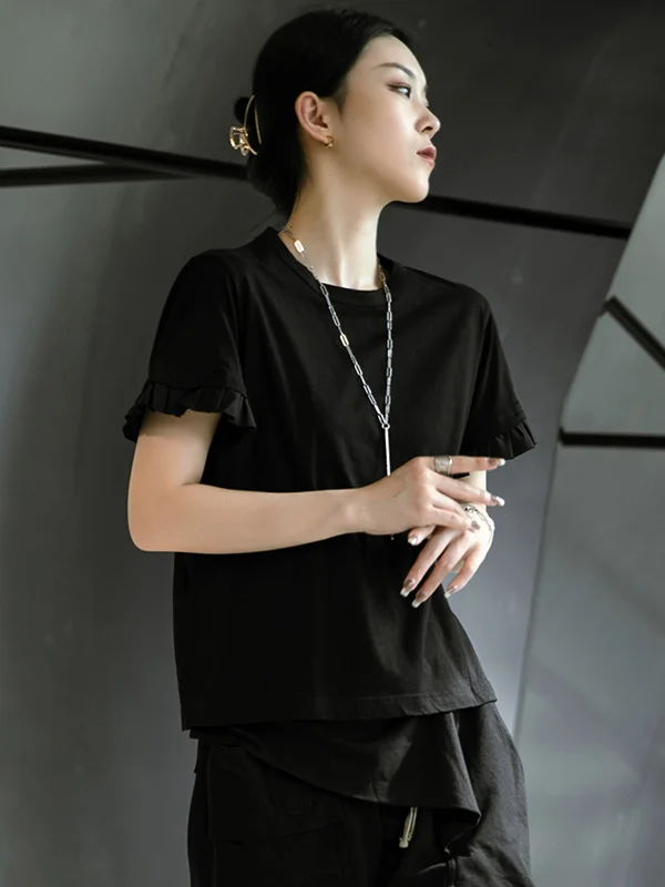 Simple Black Falbala Short Sleeves Round-Neck T-Shirt