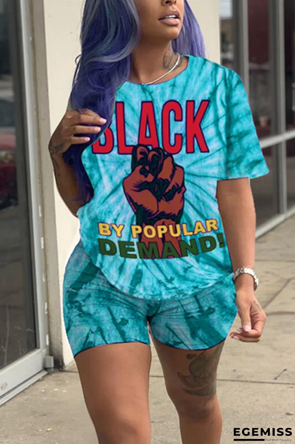 Blue Fashion Casual Printed T-shirt Shorts Set | EGEMISS