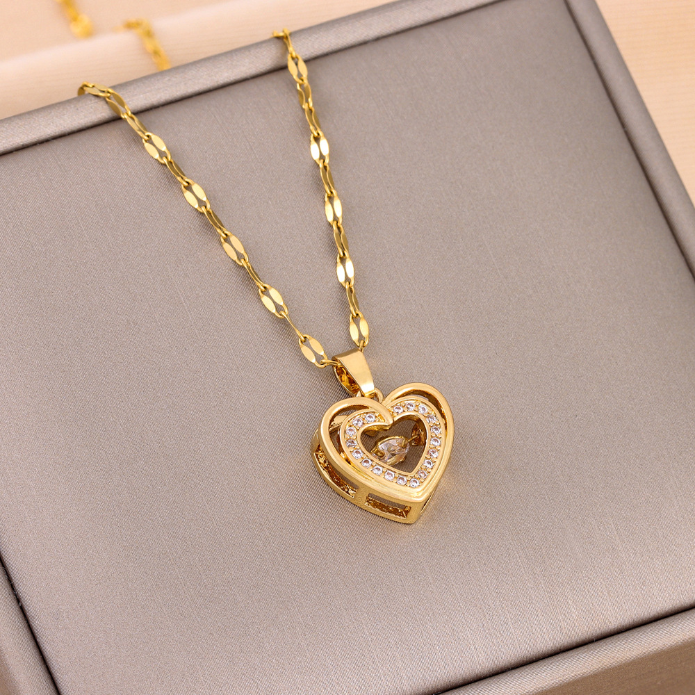 Mature Women Double-layer Love Necklace With Rhinestones Titanium Steel Pendant Fashion Jewelry