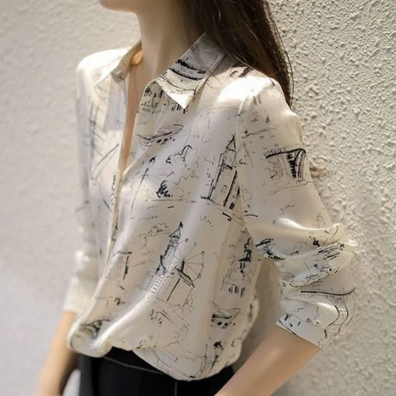 Shirts Women Print Graphic Spring Chiffon Ulzzang Temperament Blouses All-match Loose Plus Size 2XL Design Female Clothes Casual