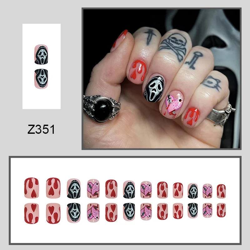 Churchf Churchf Pink Through Ghost Face Love Halloween Nail Drop Blood Square Star Fake Nail Finished Nail Nail