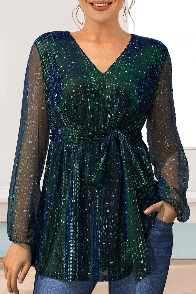 Flycurvy Plus Size Dressy Dark Green Metallic Fabric Mesh Lantern Sleeve Lace-Up Tunic Blouse