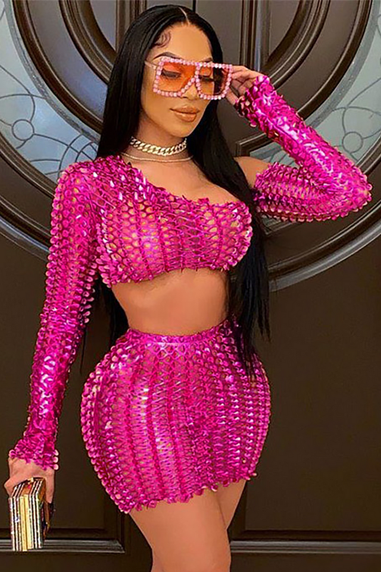 Hollow Out Sloping Shoulder Long Sleeve Crop Top Party Mini Skirt Matching Set-Pink