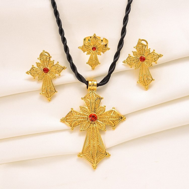 24k Ethiopian Traditiona Cross Jewelry Set Necklace Earrings Ring Ethiopia Gold Eritrea Sets