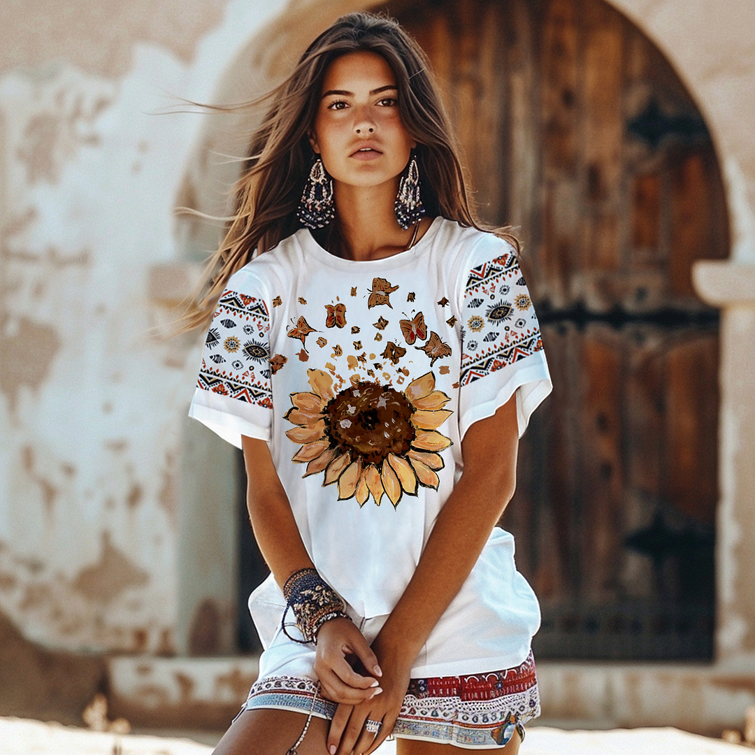 Style & Comfort for Mature Women Boho Loose Short Sleeve Plus Size Printed Soft T-shirt in Color White