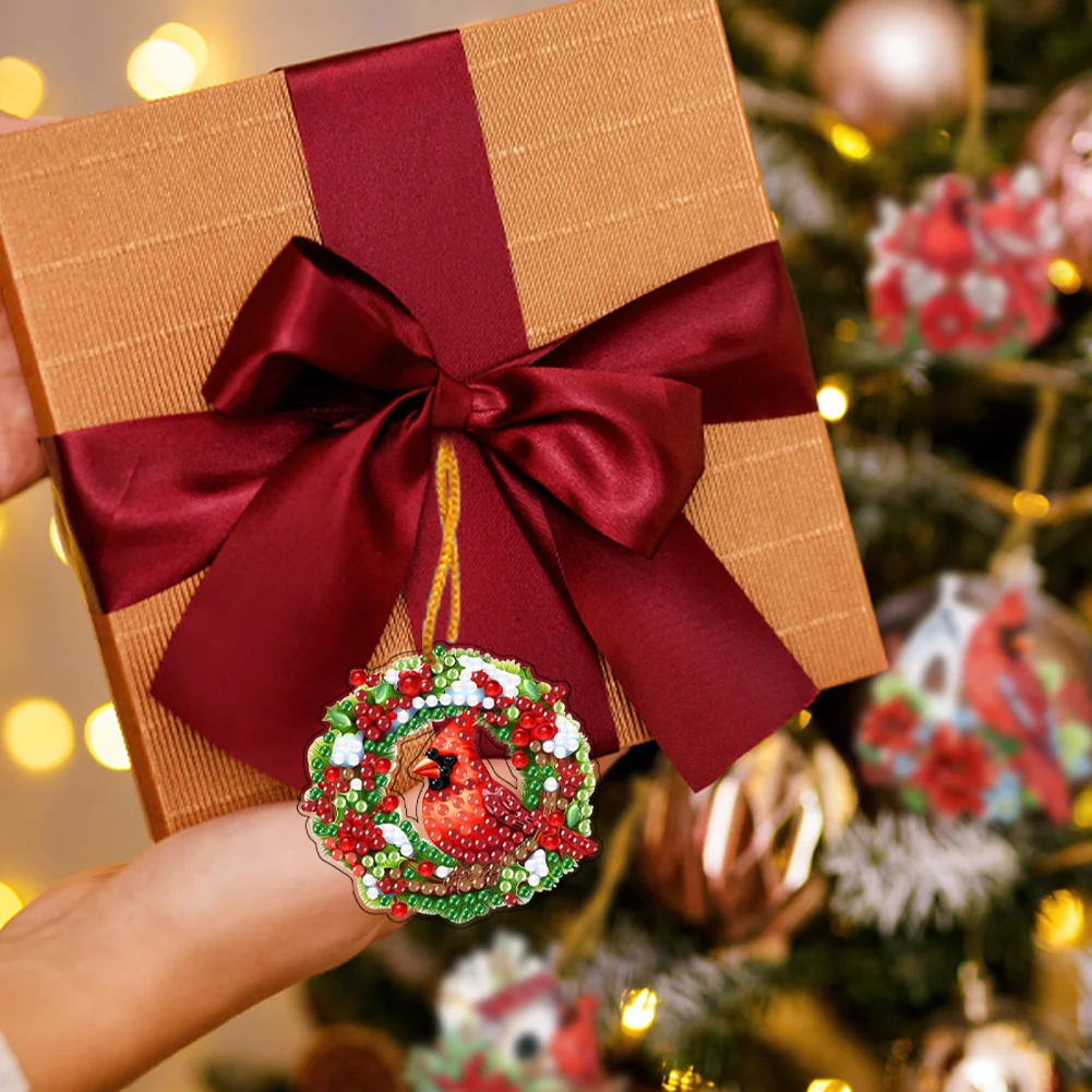 5D DIY 8Pcs Christmas Cardinals Diamond Painting Christmas Tree Pendant for Xmas Tree 