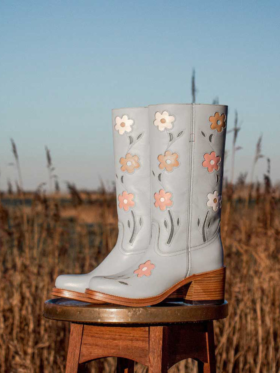 Blue Vegan Leather Floral Patchwork Inlay Wide Calf Knee High Boots With Chunky Heel