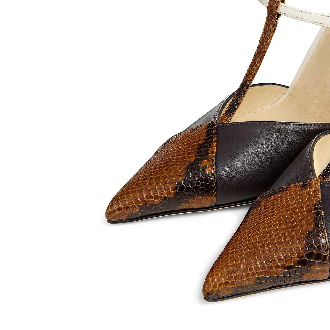 Chic Python Patchwork Pointed Toe T Strap Stiletto Heel Pumps Shoes
