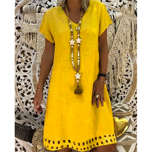 Women's Large Size Dresses Solid Color Fashion V-neck Short-sleeved Mid-length Dresses