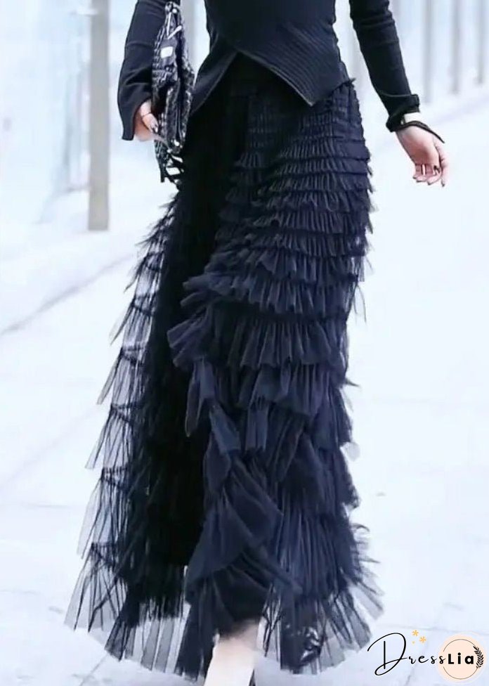 Women Black Wrinkled High Waist Patchwork Tulle Skirt Spring