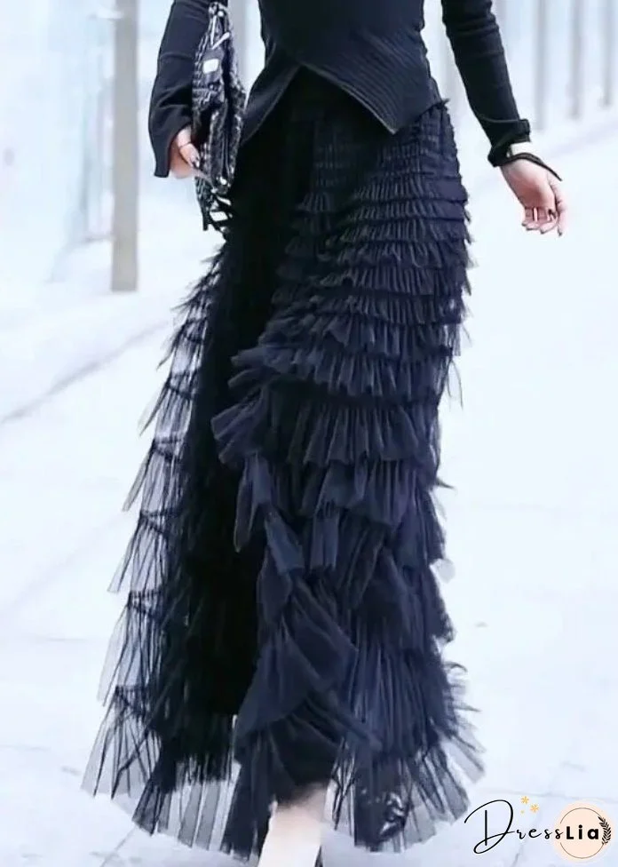 Women Black Wrinkled High Waist Patchwork Tulle Skirt Spring