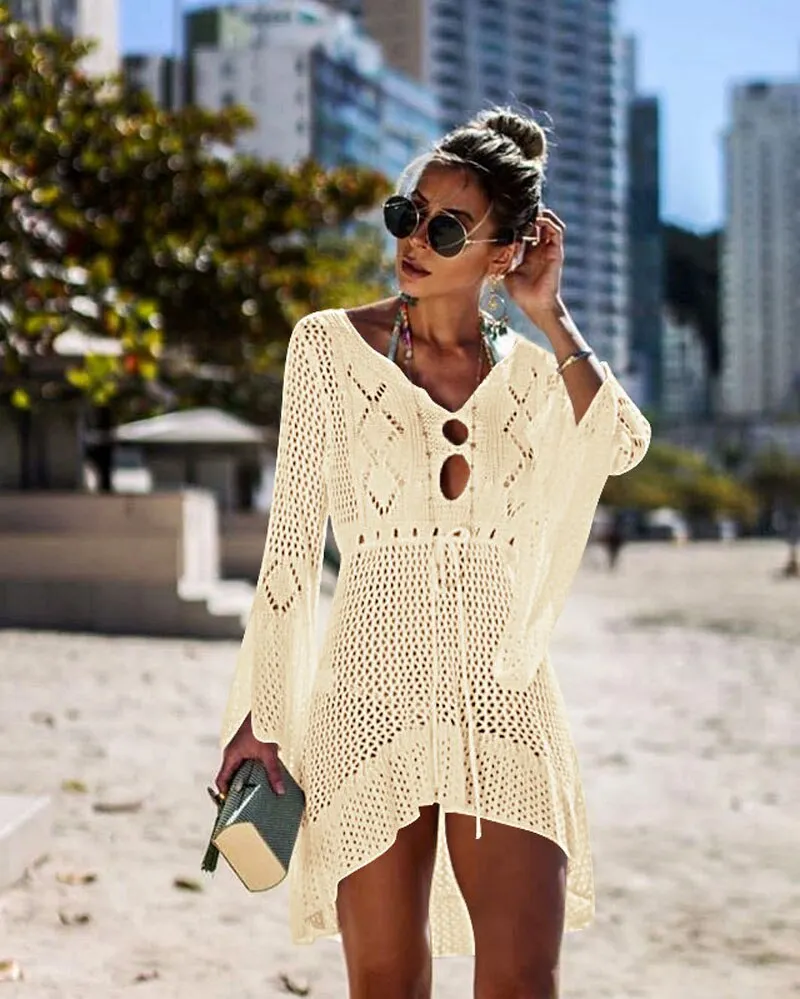 Crochet White Knitted Beach Cover up 2019 New Mujer Bikini Cover up Tunic Long Pareos  Swim Cover up Robe Plage Beachwear