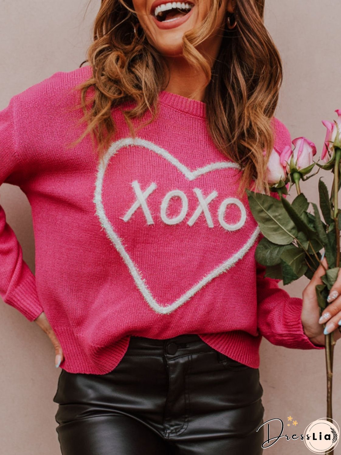 XOXO Round Neck Drop Shoulder Sweater
