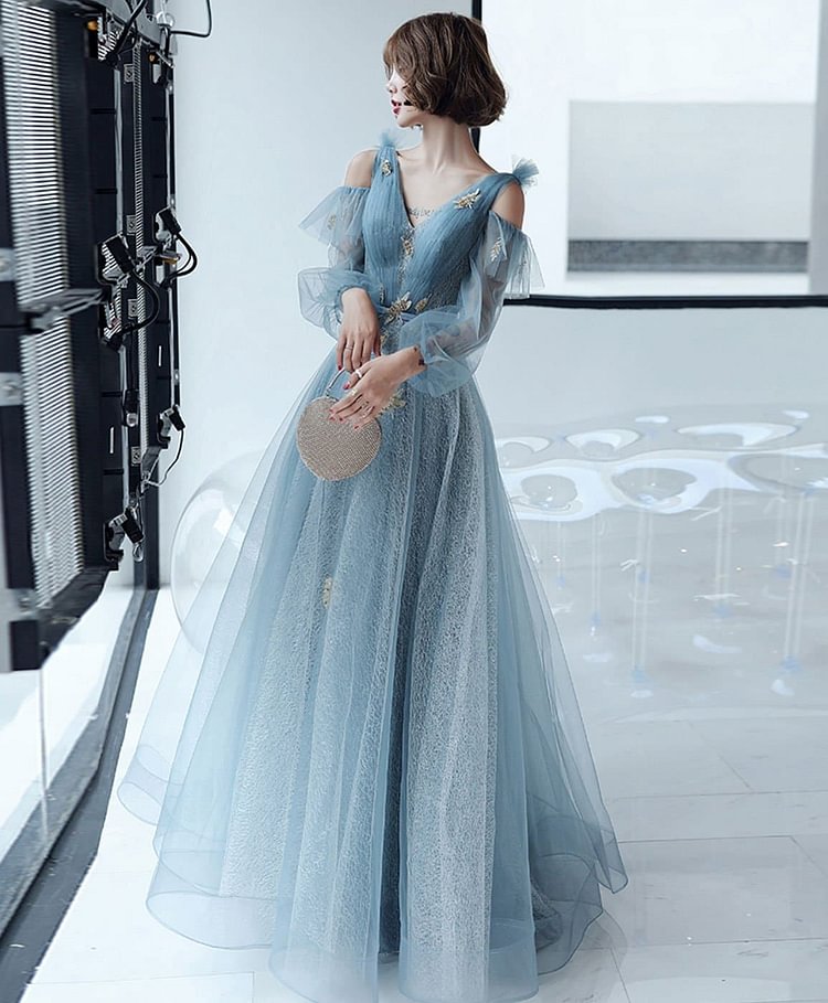 Blue V Neck Tulle Lace Long Prom Dress Blue Lace Formal Dress SP16164