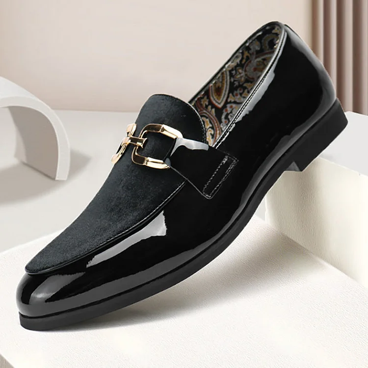 Faux Leather Velvet Patchwork Buckle Pointy Toe Loafer Shoes
