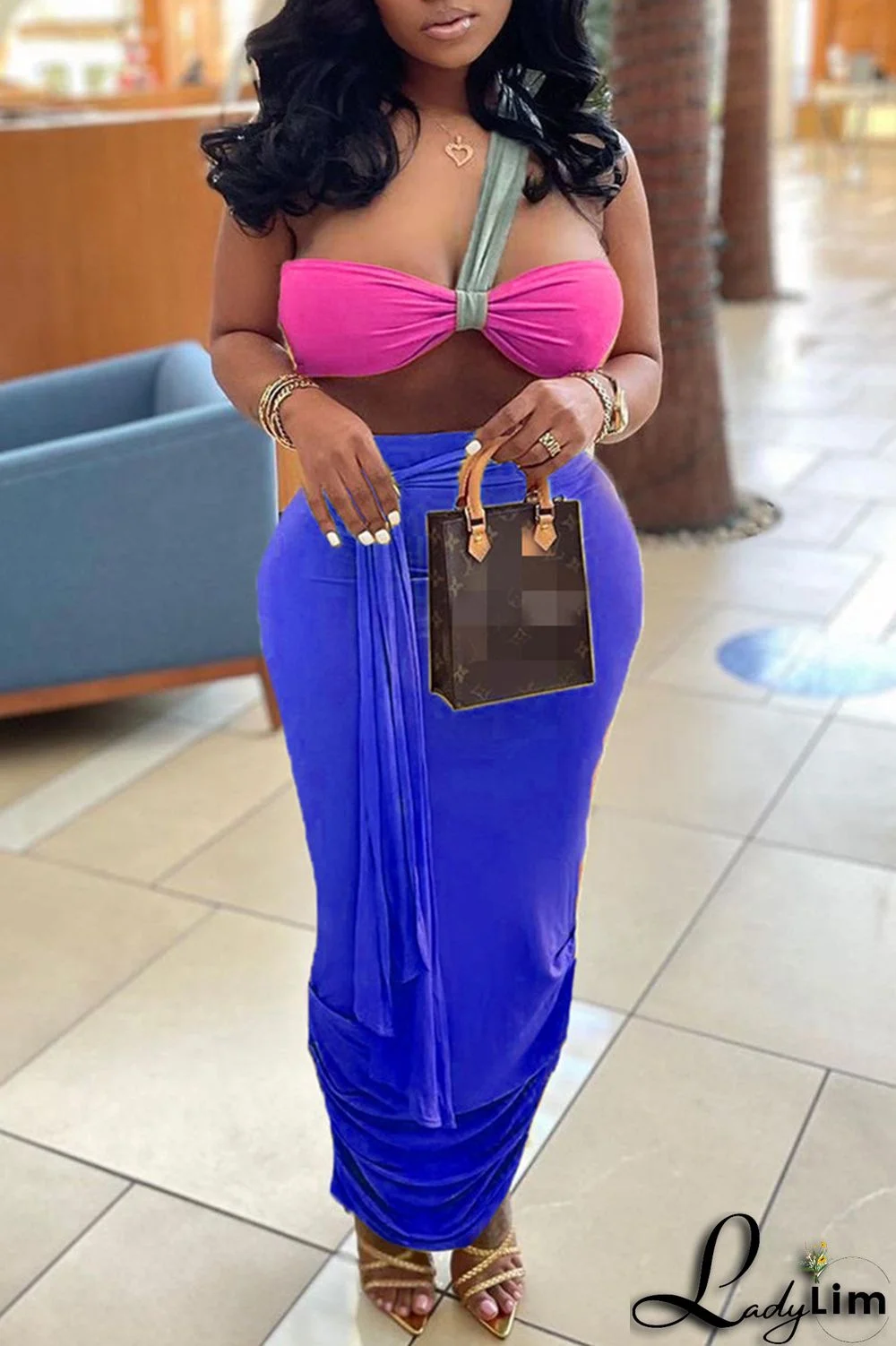 Orange Fashion Sexy Solid Split Joint Backless Strapless Sleeveless Two Pieces