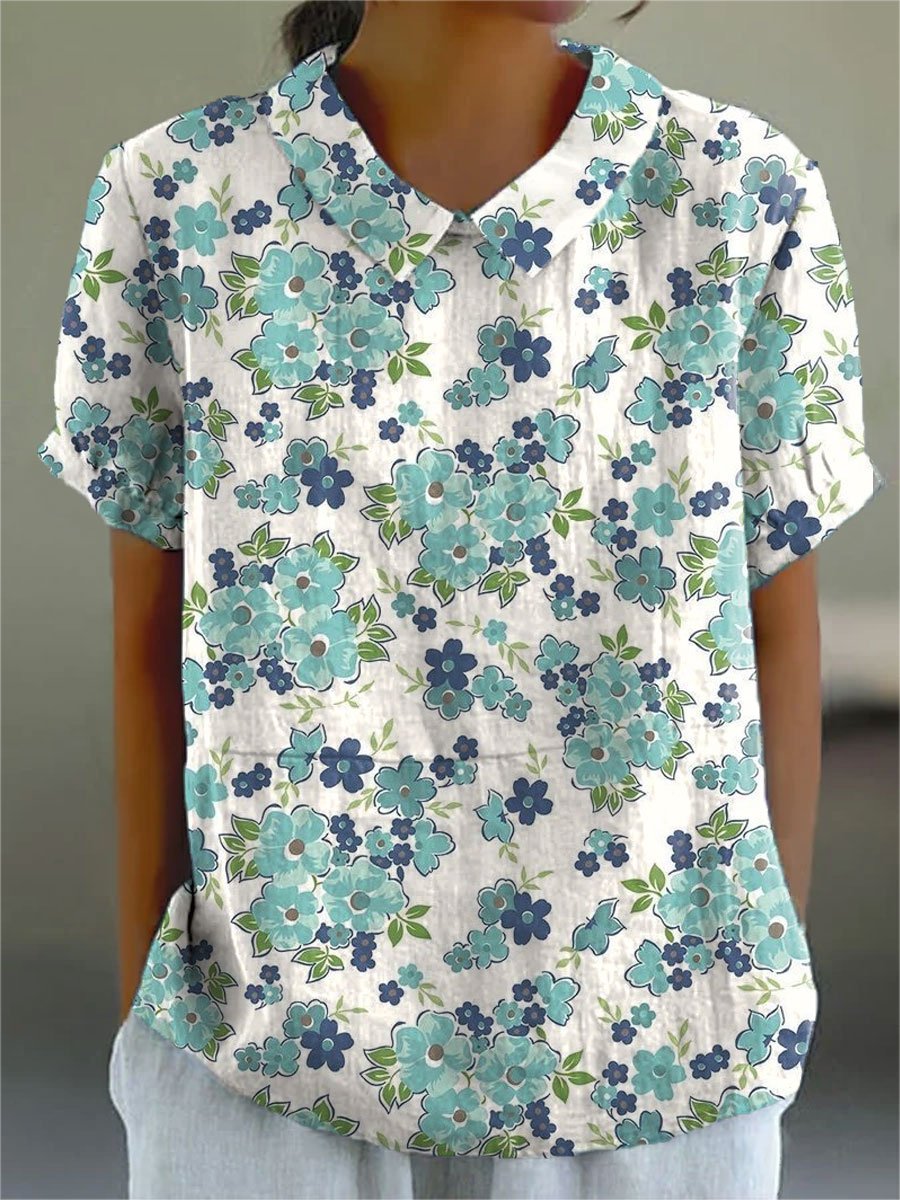 Women's Flower Art Print Casual Cotton And Linen Shirt