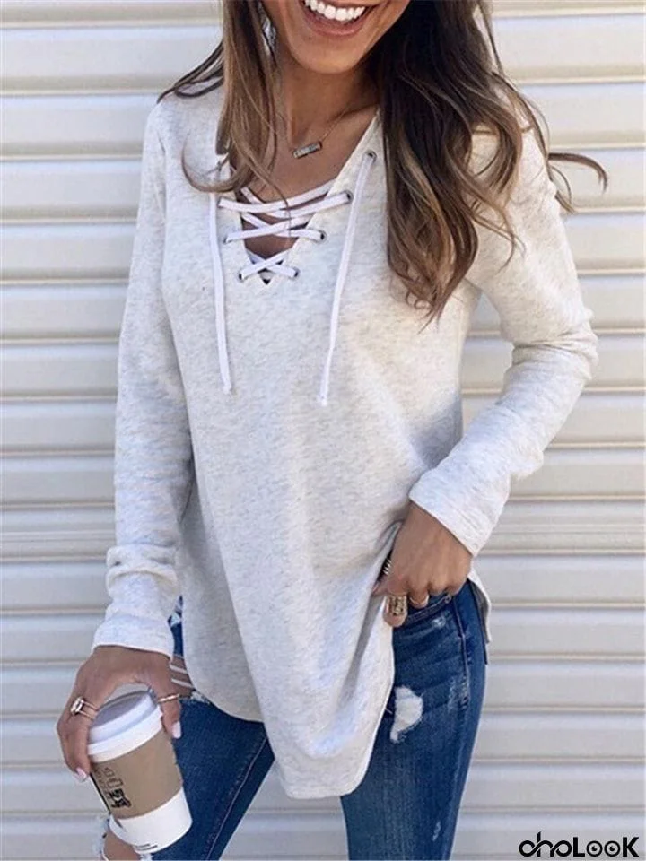 Women's Casual Solid Color Lace-up Neck Long Sleeve Tops