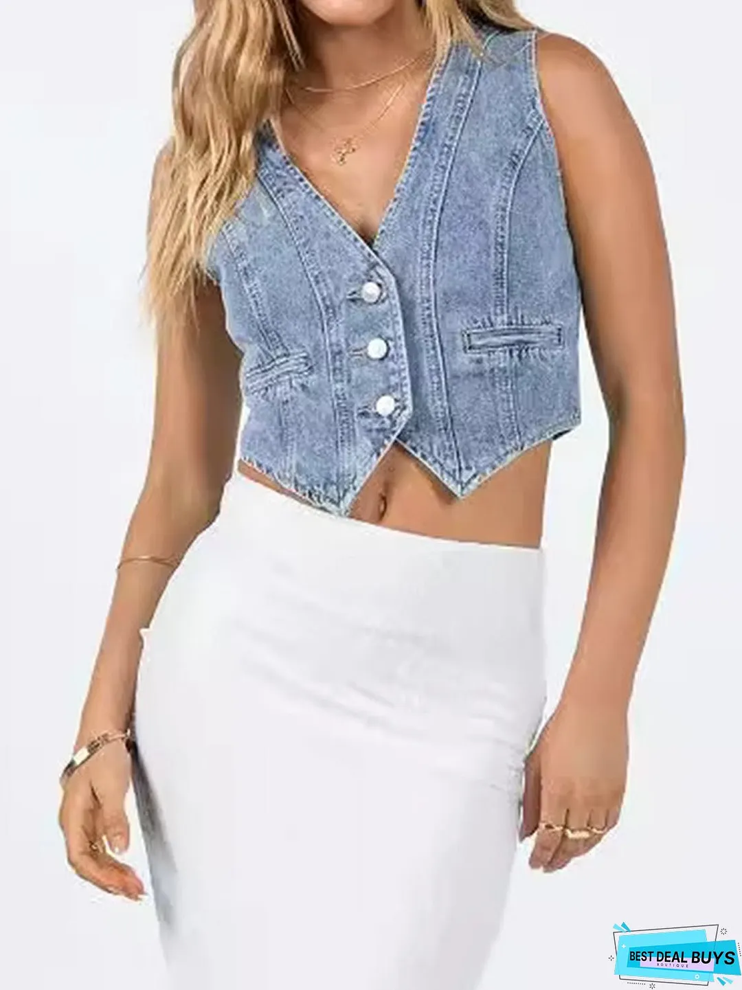 Button Up Sleeveless Denim Top