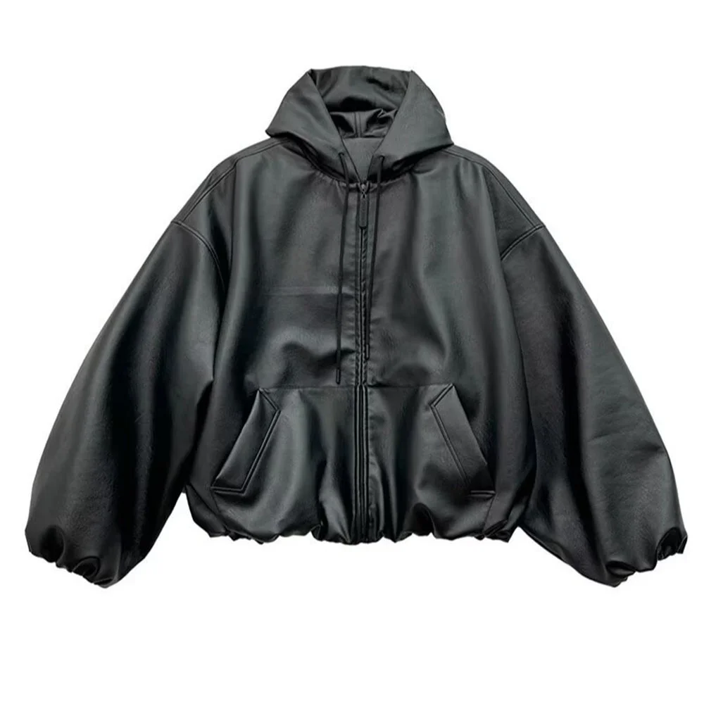 Abebey-High Street Black Color Pu Leather WIndbreaker Coat Mens and Women Cleanfit Casual Loose Zipper Hooded Jackets Oversized
