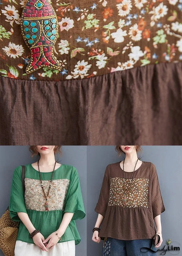 Bohemian Green O-Neck Print Tops Half Sleeve