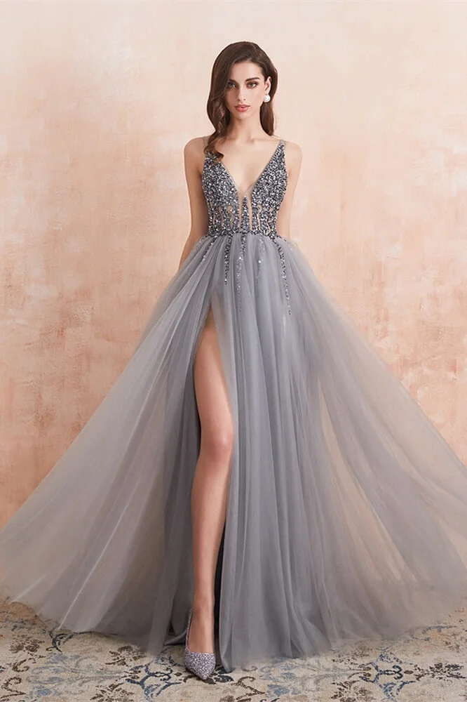Luluslly Silver Grey V-Neck Prom Dress Tulle Split With Beads