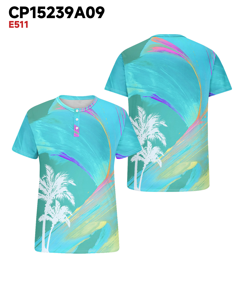 Men's Plus Size Daily Casual Blue Gradient Coconut Tree Print Henry Collar Button Short Sleeve T-Shirt