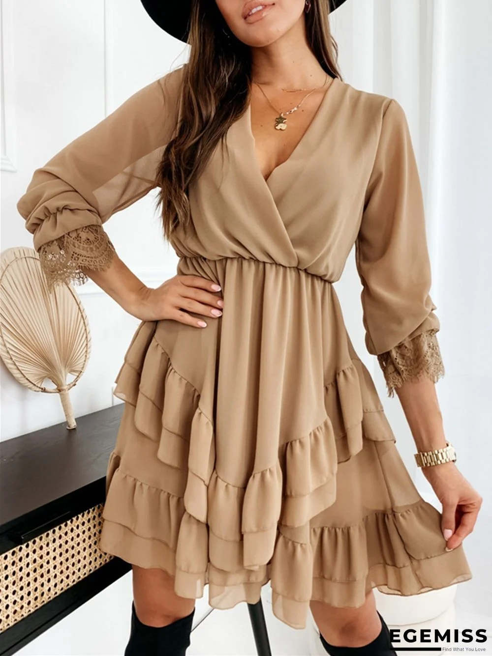 Long Sleeve V-neck Ruffle Chiffon Dress | EGEMISS