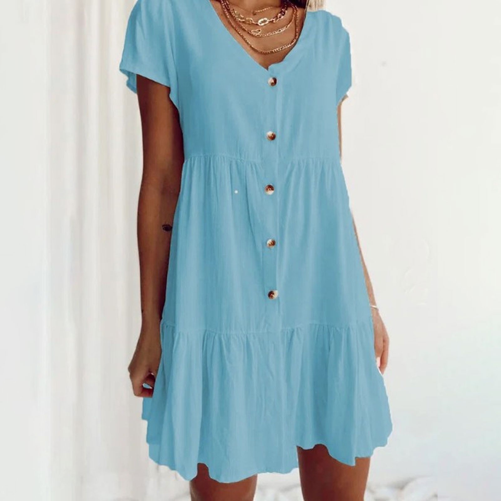 Ladies Casual Summer Cotton Linen Comfortable Buttoned Layered Short Sleeve V Neck Dress All Summer Dresses