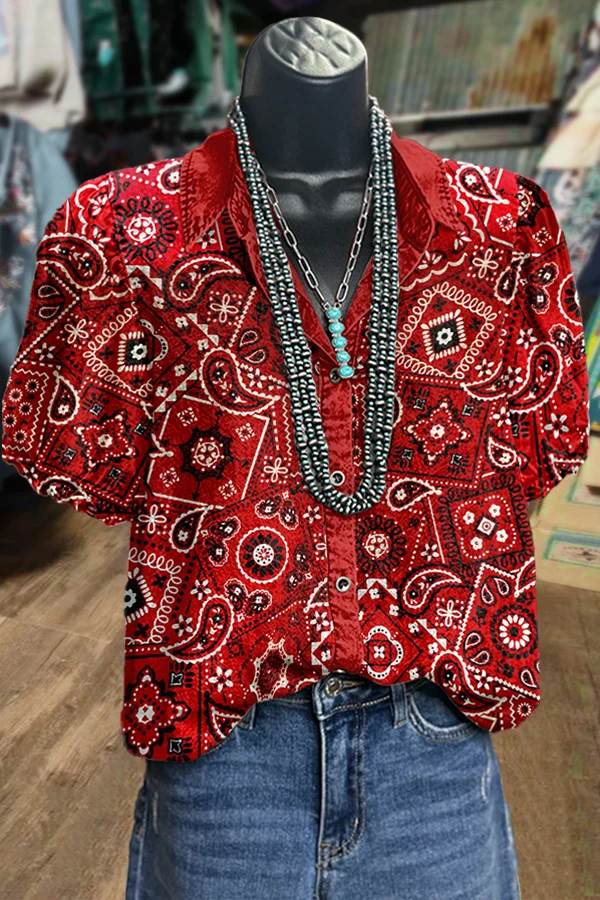 Vintage Paisley Print Puff Sleeve Top