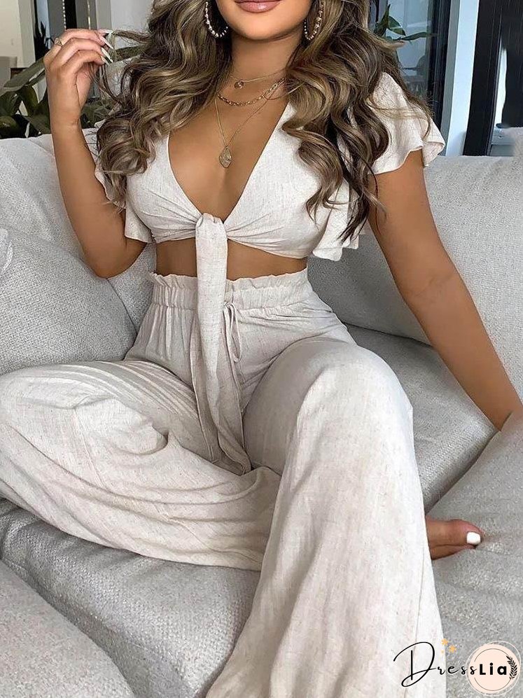 Ruffles Sleeve Knotted Top & High Waist Pants Set for Women