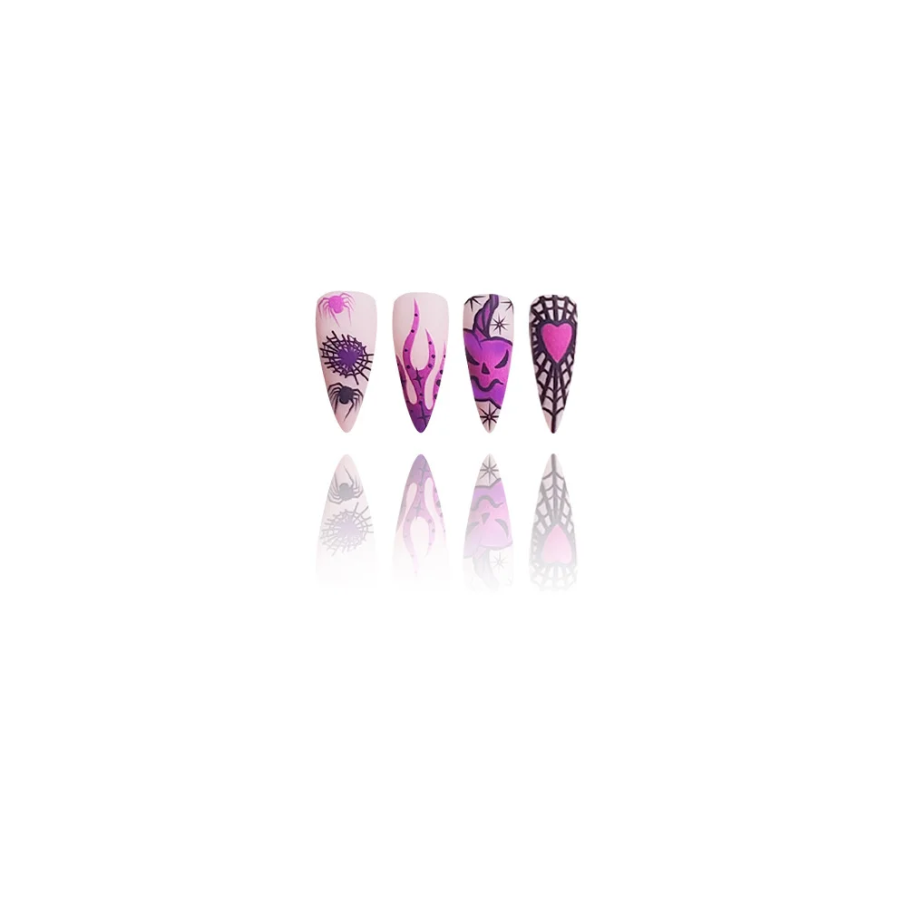 Churchf Churchf Long Pointed Nail Spider Web Purple Heart Cool Purple Halloween Element Fake Nail Finished Products Wear Nail Holiday Nail