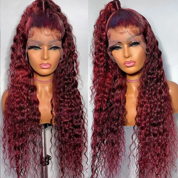 Burgundy 99J Deep Wave 13x4 Lace Front Wigs Color Human Hair Wigs With Pre-plucked Hairline