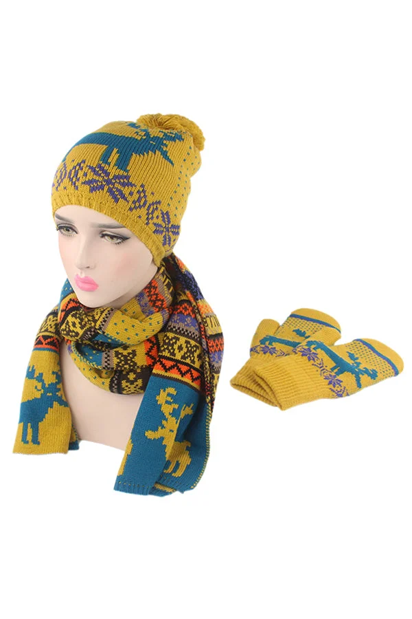 Reindeer&Snowflake Knit Christmas Beanie Gloves&Scarf 3Ps Set Yellow-elleschic