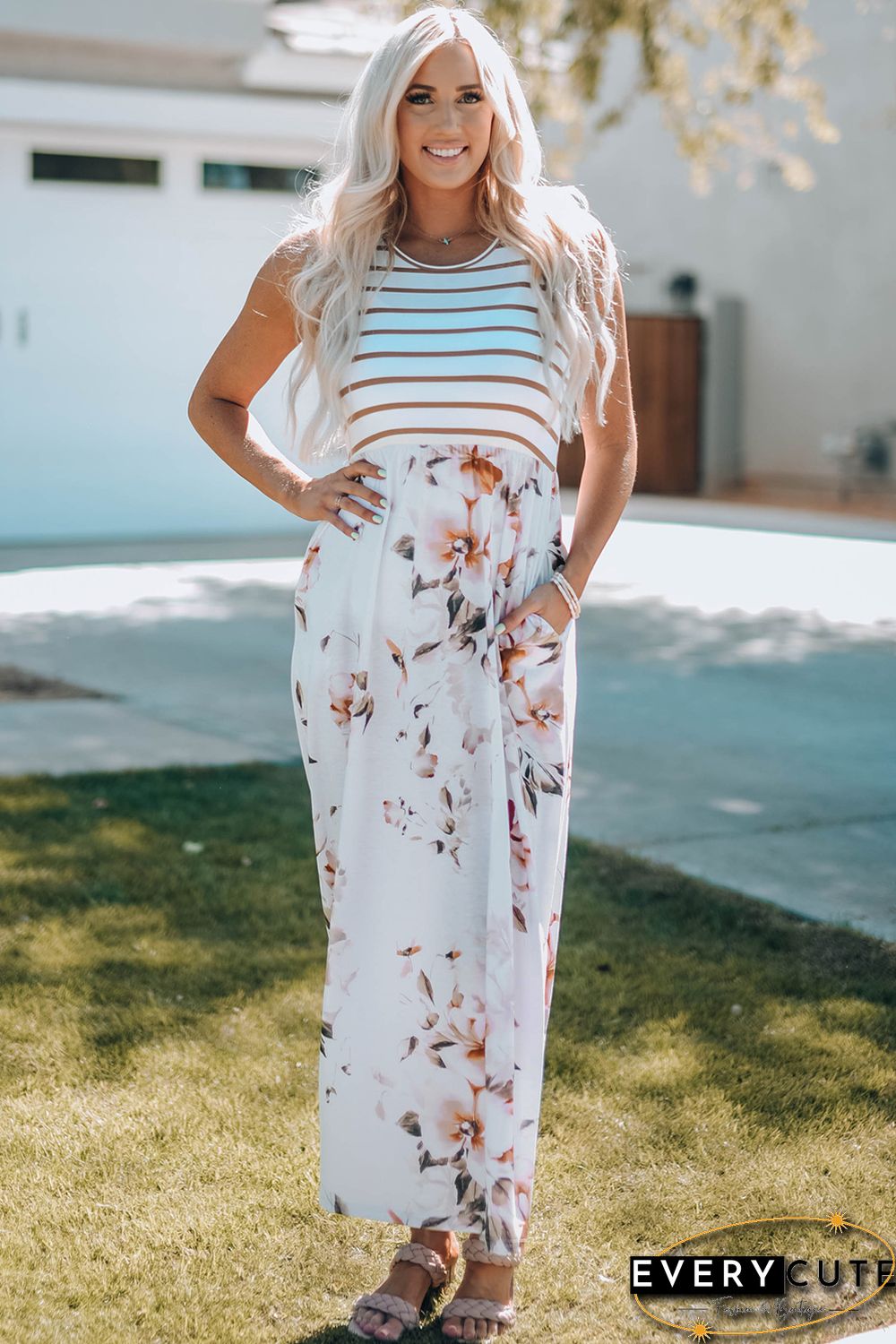 White Striped Floral Print Sleeveless Maxi Dress with Pocket